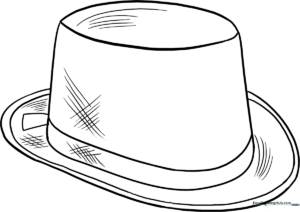 Black and white line art of a classic top hat with a wide brim and ribbon band, ready for children to color.