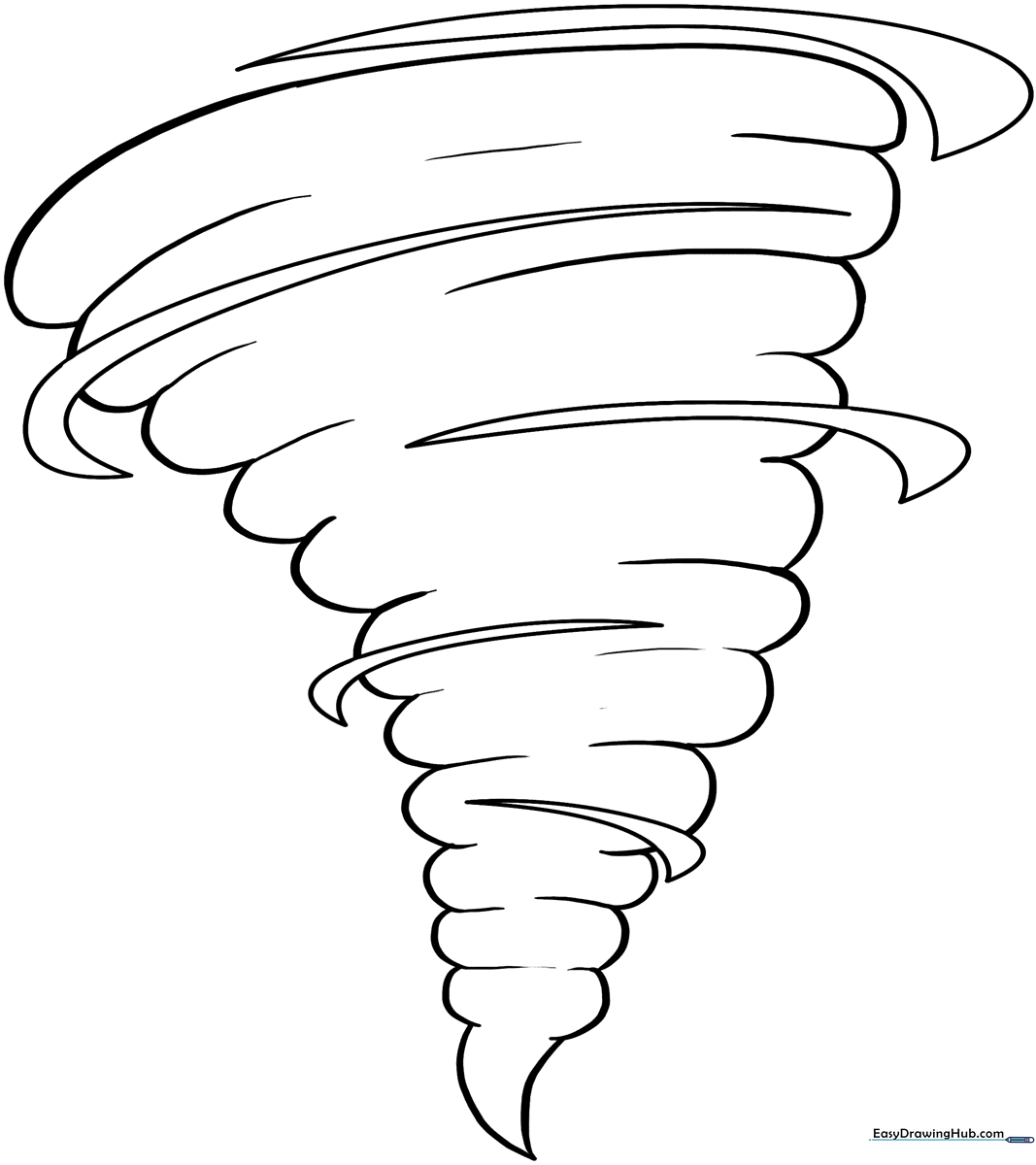 Black and white line art of a swirling tornado funnel cloud, designed for children to color with clear outlines and simple shapes.