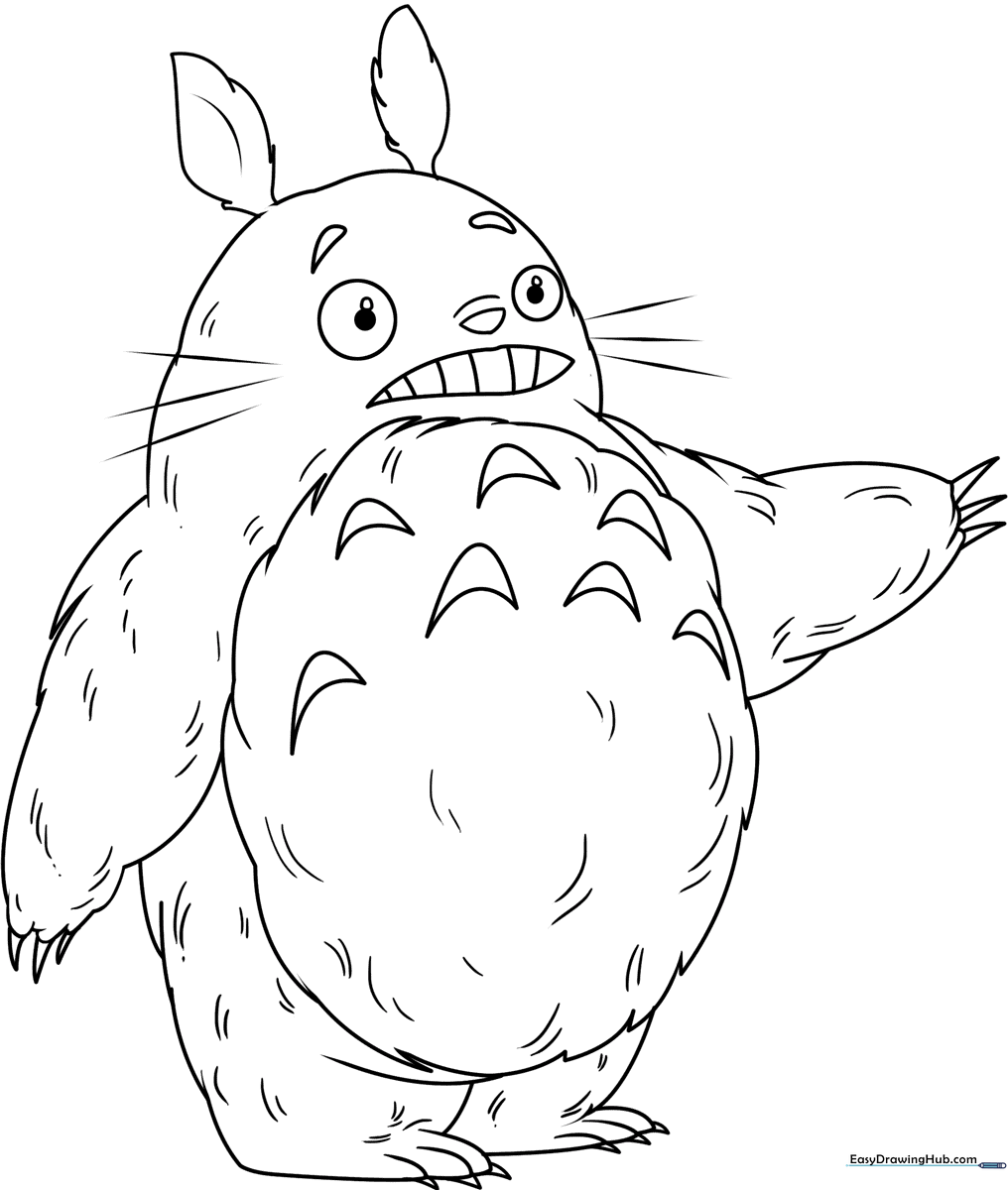 Black and white line art of Totoro standing, featuring bold outlines for easy coloring by children.