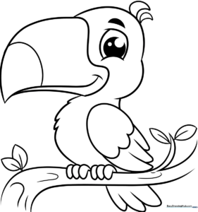 A friendly cartoon toucan with a large, distinct beak and bright eyes, outlined in bold black lines for easy coloring by children.