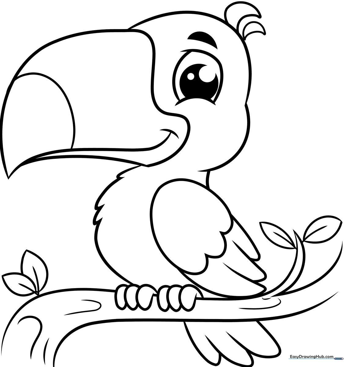 A friendly cartoon toucan with a large, distinct beak and bright eyes, outlined in bold black lines for easy coloring by children.