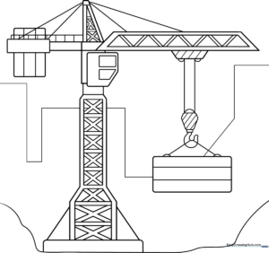 Black and white line art of a tall construction tower crane with a long jib and operator cabin, ready for coloring.