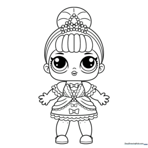 Line art of an LOL Surprise doll with large eyes and stylish hair, ready for coloring.