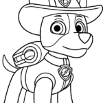 Black and white line art of Tracker from PAW Patrol standing in a friendly pose, ready for children to color with crayons or markers.