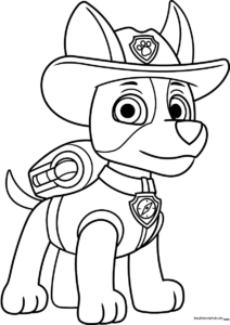 Black and white line art of Tracker from PAW Patrol standing in a friendly pose, ready for children to color with crayons or markers.