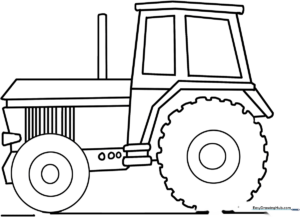 Black and white line art of a farm tractor with large rear wheels and a simple cabin, designed for children to color.