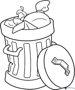 A clean, black-and-white line art illustration of a cylindrical trash can with a lid, featuring bold outlines suitable for children's coloring practice.