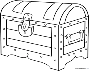 Black and white line art of a wooden treasure chest overflowing with gold coins and jewels, designed for children to color.