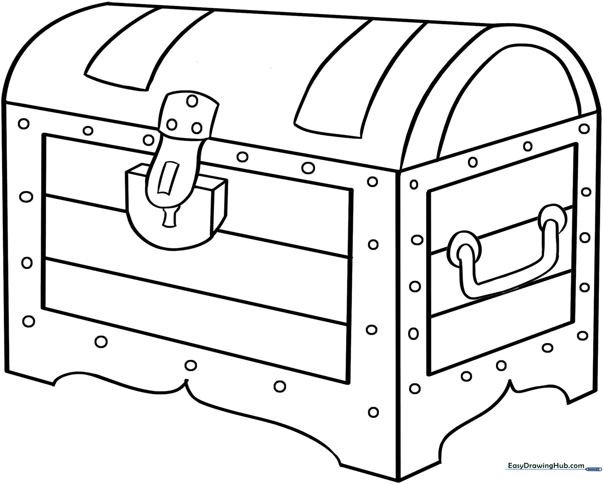 Black and white line art of a wooden treasure chest overflowing with gold coins and jewels, designed for children to color.