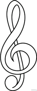 A clean, bold line art illustration of a Treble Clef symbol on a white background, designed for children to color.