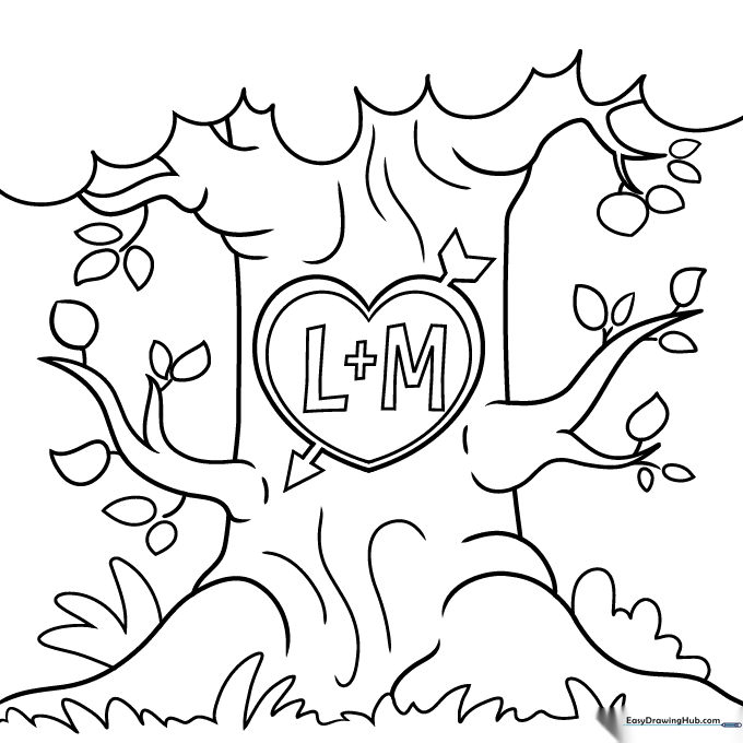 Heart Carved in Tree Coloring Sheet