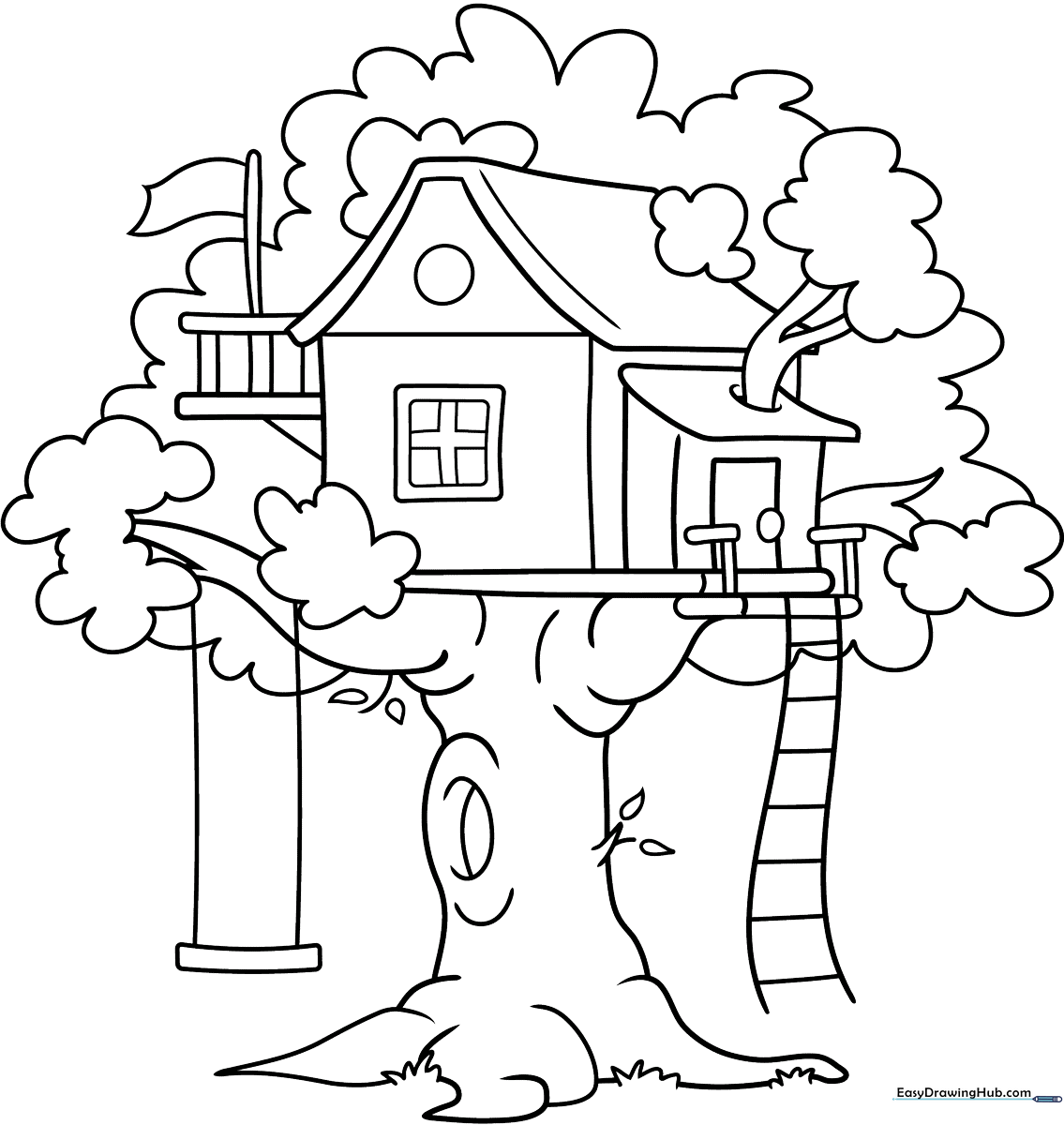 Black and white line art of a cozy tree house nestled in a large oak tree, featuring a ladder, windows, and a chimney, ready for coloring.