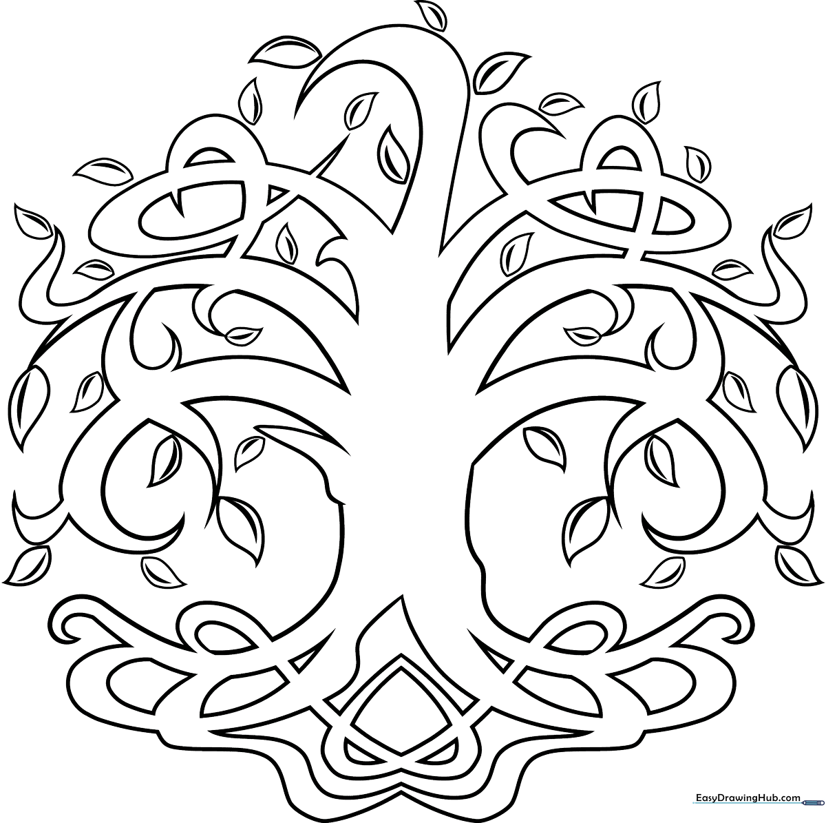 Detailed Tree of Life illustration with intricate branches and roots, ready for coloring on a white background.
