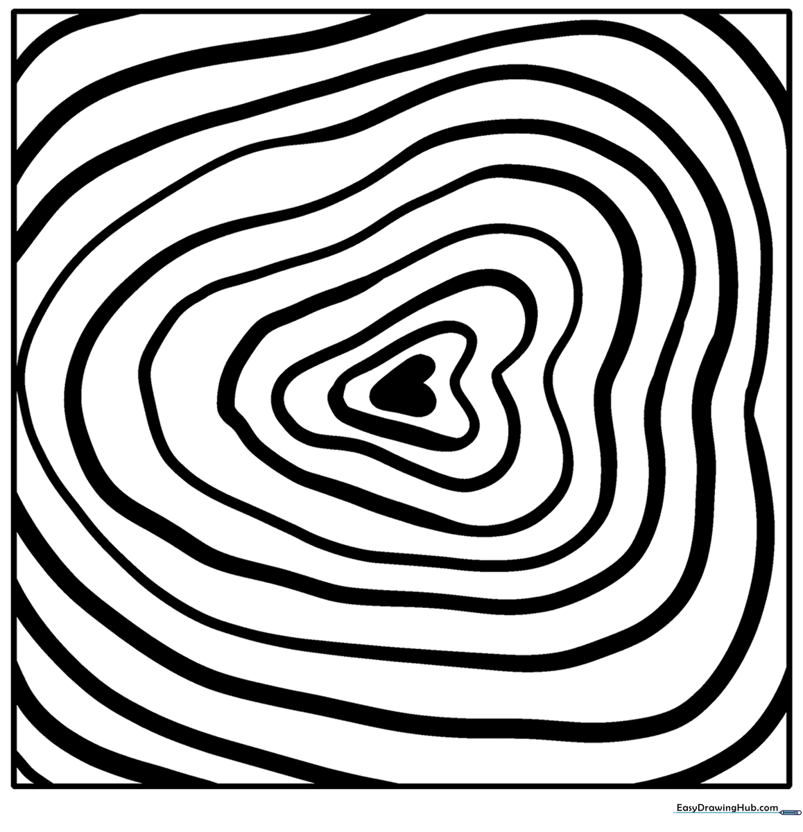 Black and white line art of a circular tree ring spiral pattern with varying line thicknesses for coloring practice.