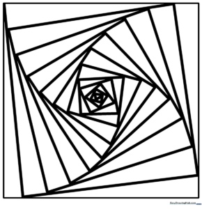 Black and white geometric spiral pattern composed of interconnected triangles, designed for educational coloring and pattern recognition practice.