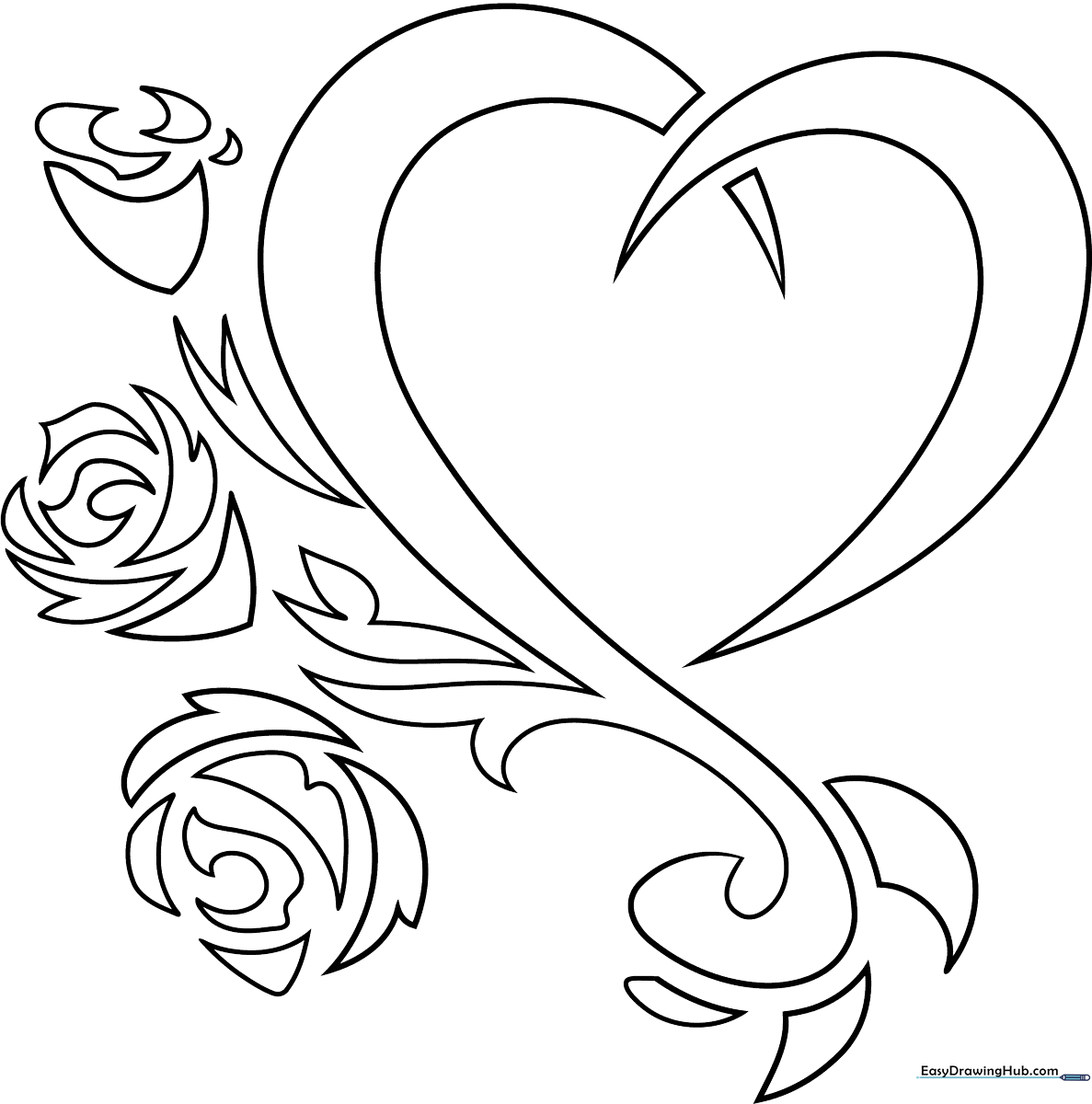 Black and white line art of a stylized tribal heart tattoo with sharp, symmetrical curves, designed for children to color.