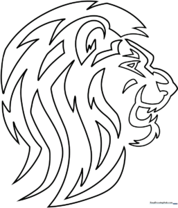 Black and white line art of a lion head featuring decorative tribal patterns and geometric shapes, designed for children to color.