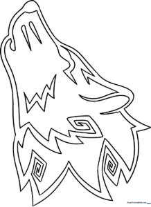 Black and white line art of a wolf head featuring stylized tribal patterns, designed for children to color.