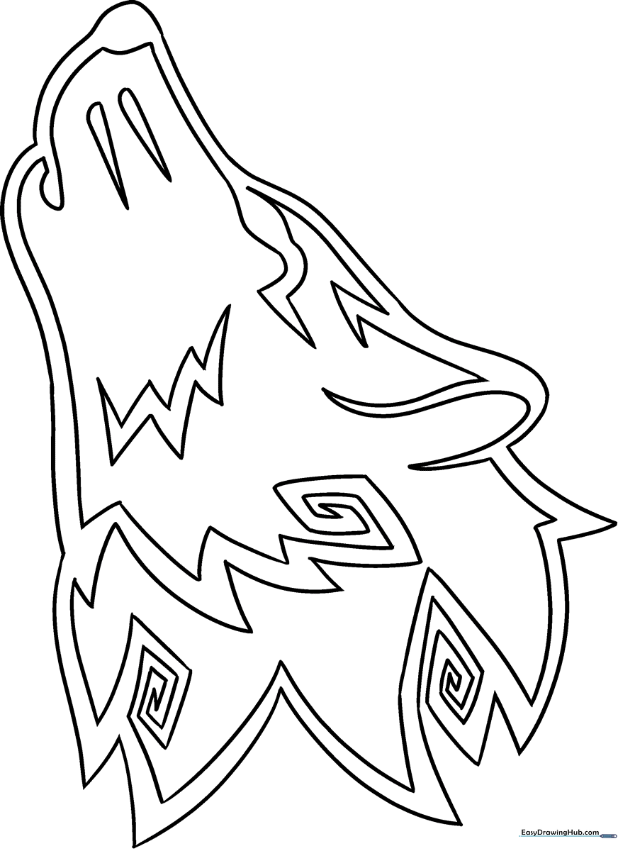 Black and white line art of a wolf head featuring stylized tribal patterns, designed for children to color.