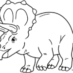 Black and white line art of a friendly Triceratops with three horns and a large frill, ready for children to color.