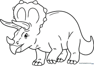 Black and white line art of a friendly Triceratops with three horns and a large frill, ready for children to color.