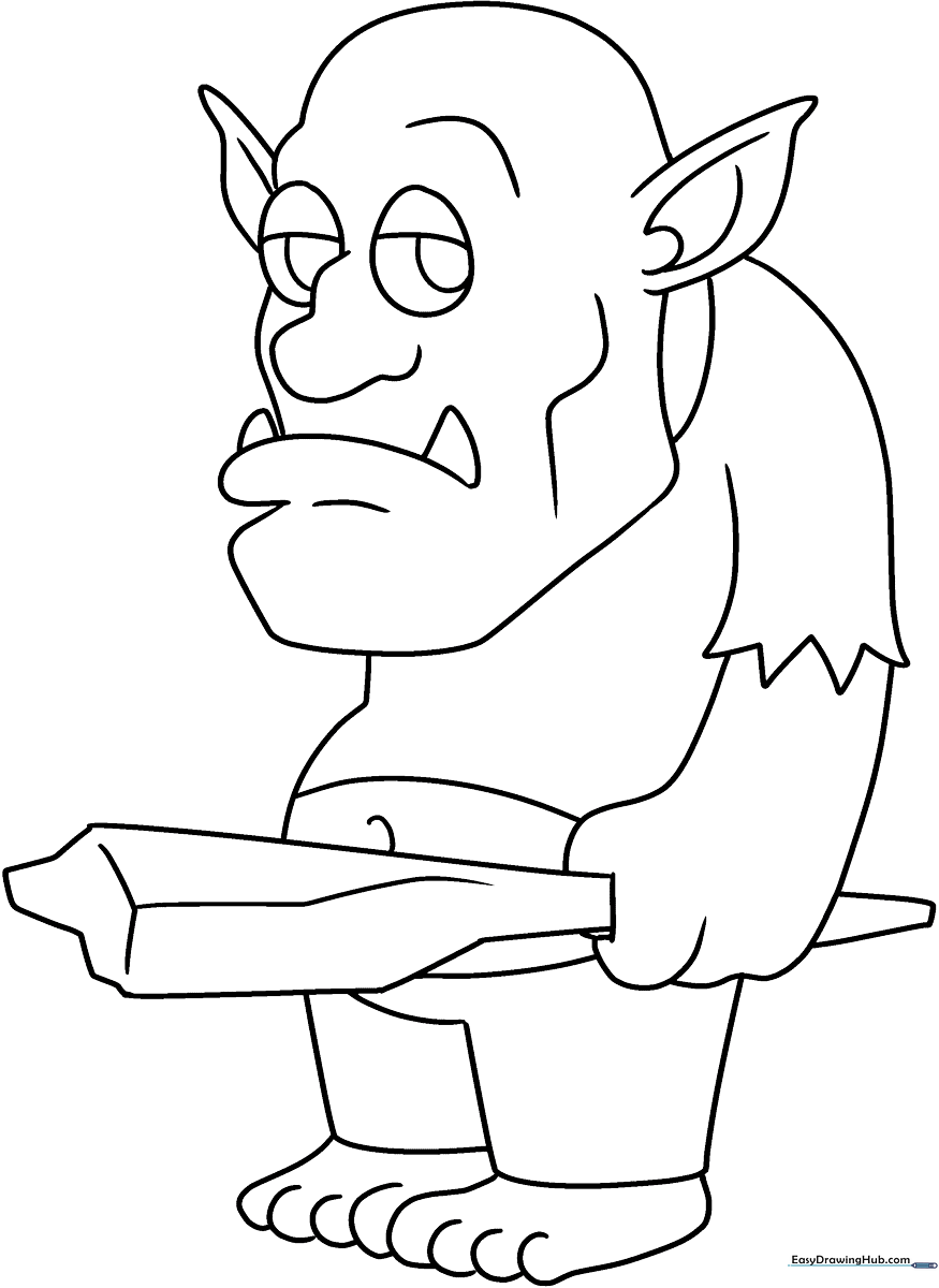 A friendly cartoon troll with large ears and a textured nose, featuring bold outlines for easy coloring by children.