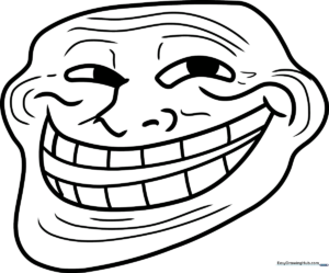 Black and white line art of the iconic Troll Face character with a wide, mischievous grin, ready for coloring on a standard printable page.