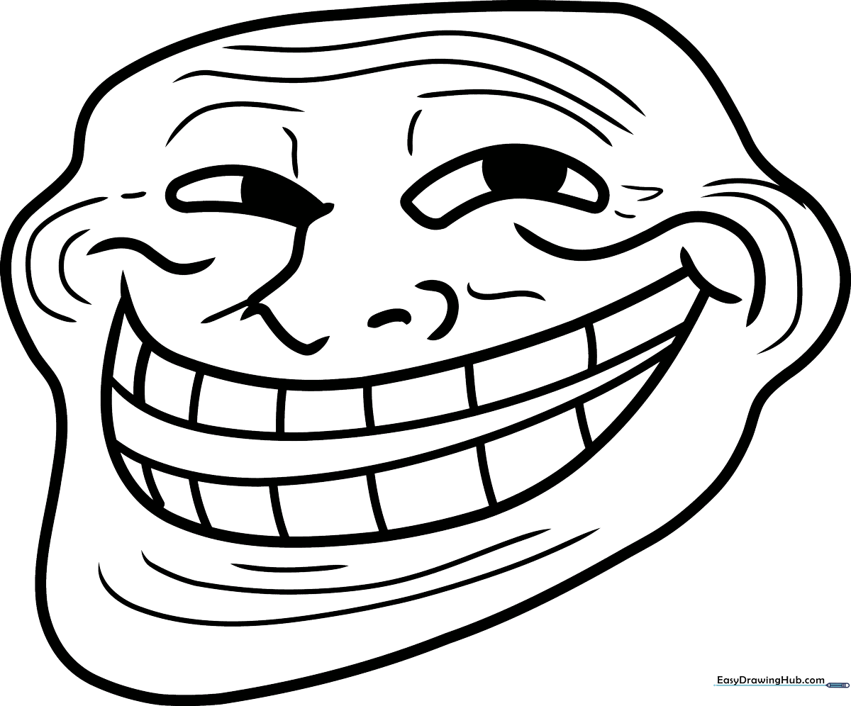 Black and white line art of the iconic Troll Face character with a wide, mischievous grin, ready for coloring on a standard printable page.