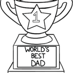 A clean, black-and-white line art illustration of a trophy with a star emblem, designed for children to color as a Father's Day gift.