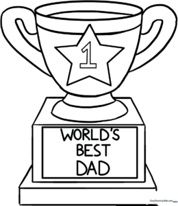 A clean, black-and-white line art illustration of a trophy with a star emblem, designed for children to color as a Father's Day gift.