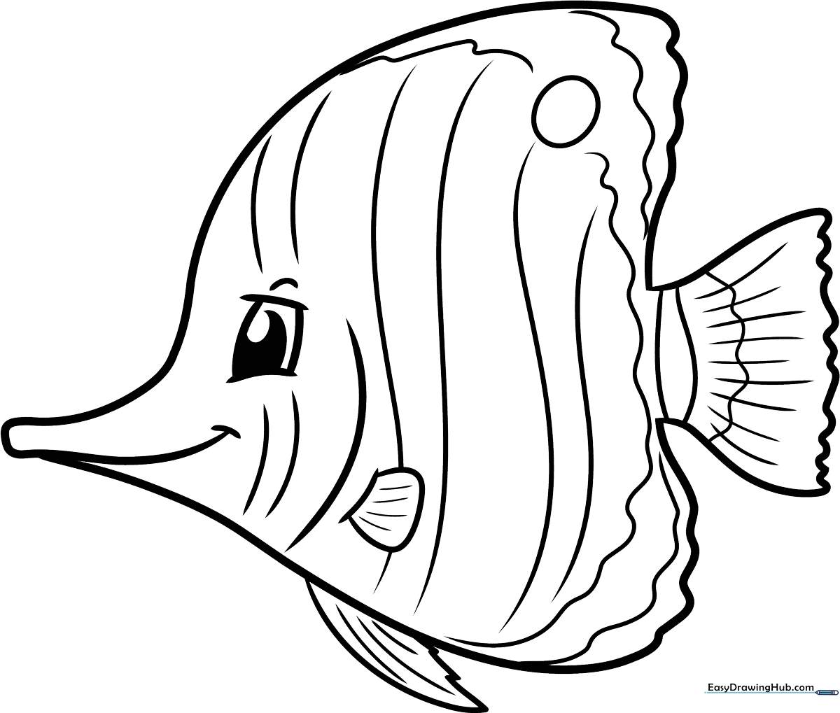 Black and white line art of a tropical fish with large fins and distinct scales, ready for coloring with crayons or markers.
