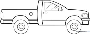 Simple line art of a heavy-duty truck with bold outlines, perfect for young children to color with crayons or markers.