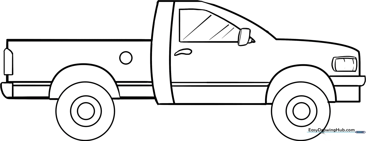 Simple line art of a heavy-duty truck with bold outlines, perfect for young children to color with crayons or markers.