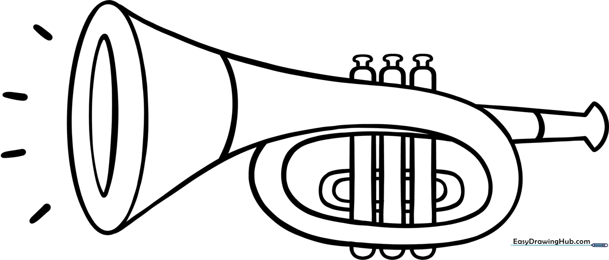 Black and white line art of a trumpet with clear outlines, designed for children to color, featuring the bell, valves, and mouthpiece.
