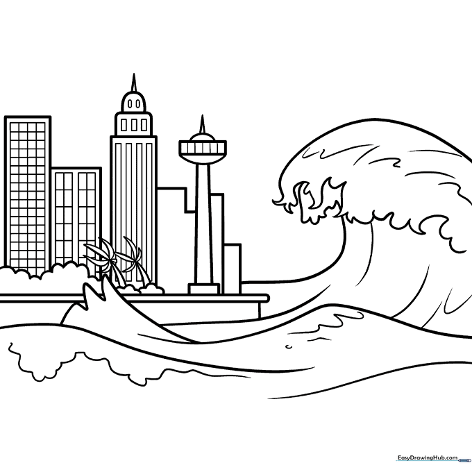 Black and white line art of a large, curling tsunami wave with foam details, designed for children to color.