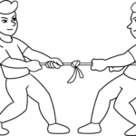 Two teams pulling a rope in a tug-of-war game, featuring bold outlines for easy coloring and clear character expressions.