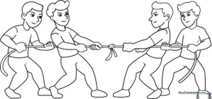 Two teams pulling a rope in a tug-of-war game, featuring bold outlines for easy coloring and clear character expressions.