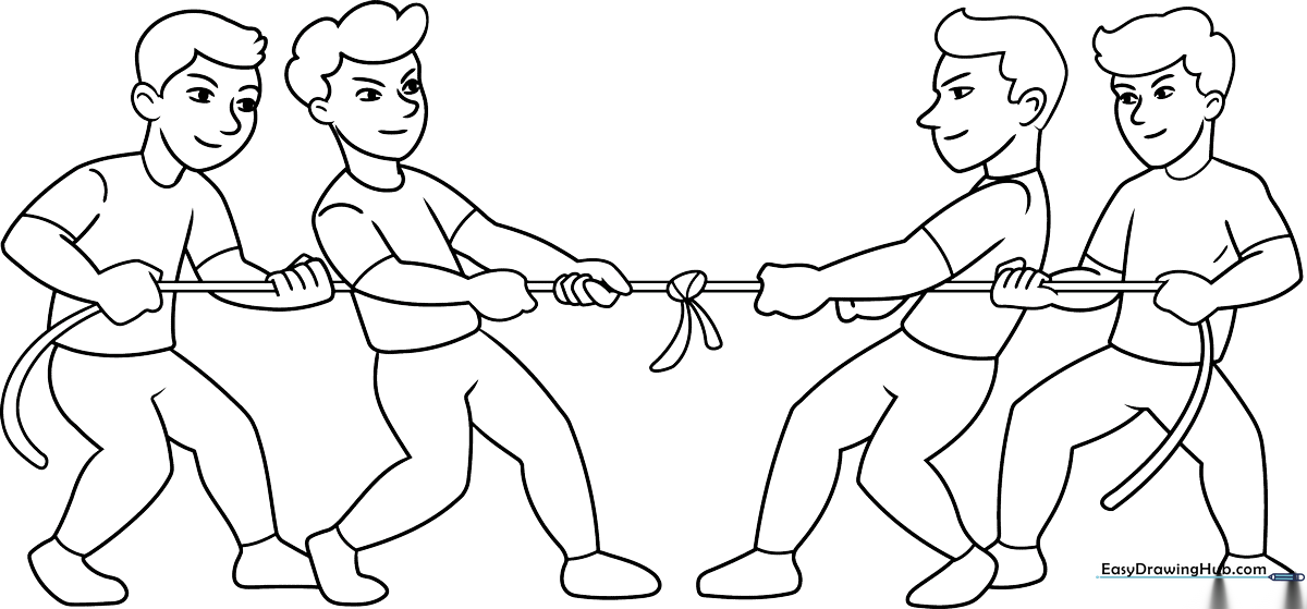 Two teams pulling a rope in a tug-of-war game, featuring bold outlines for easy coloring and clear character expressions.