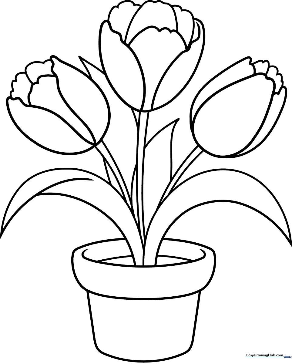 Black and white line art of three tulips growing in a simple clay pot, featuring bold outlines for easy coloring by children.