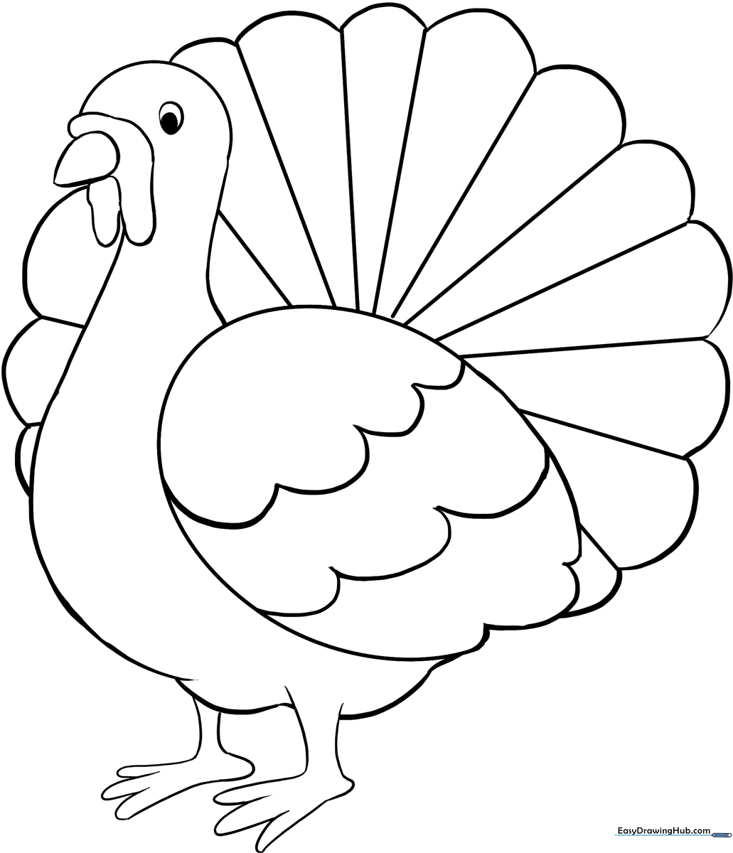 A friendly cartoon turkey with large tail feathers, clear outlines, and a simple design perfect for preschool and elementary coloring practice.