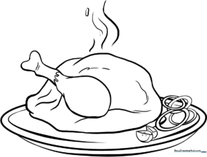 Black and white line art of a roasted turkey on a platter surrounded by side dishes, designed for children to color.