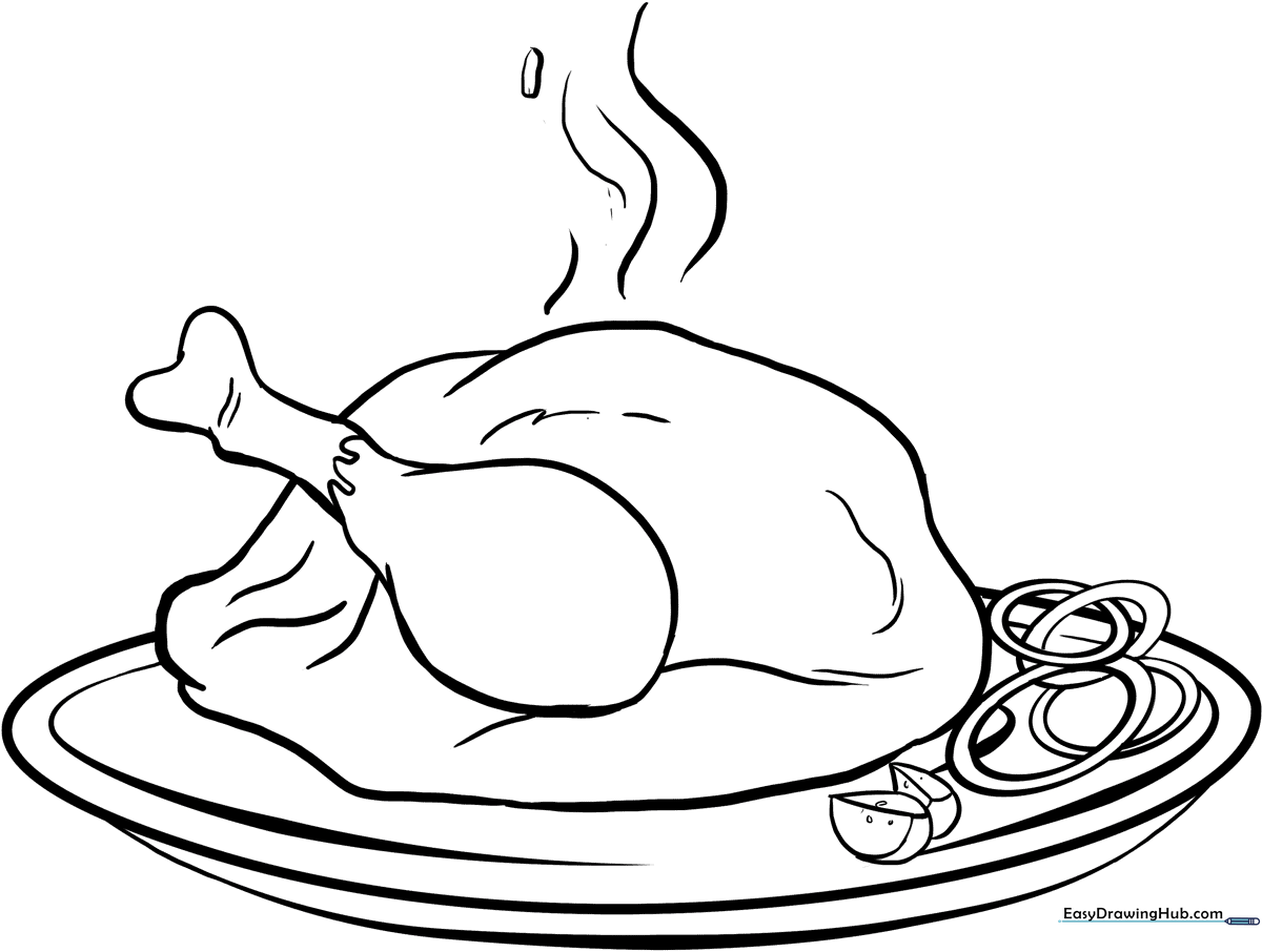 Black and white line art of a roasted turkey on a platter surrounded by side dishes, designed for children to color.