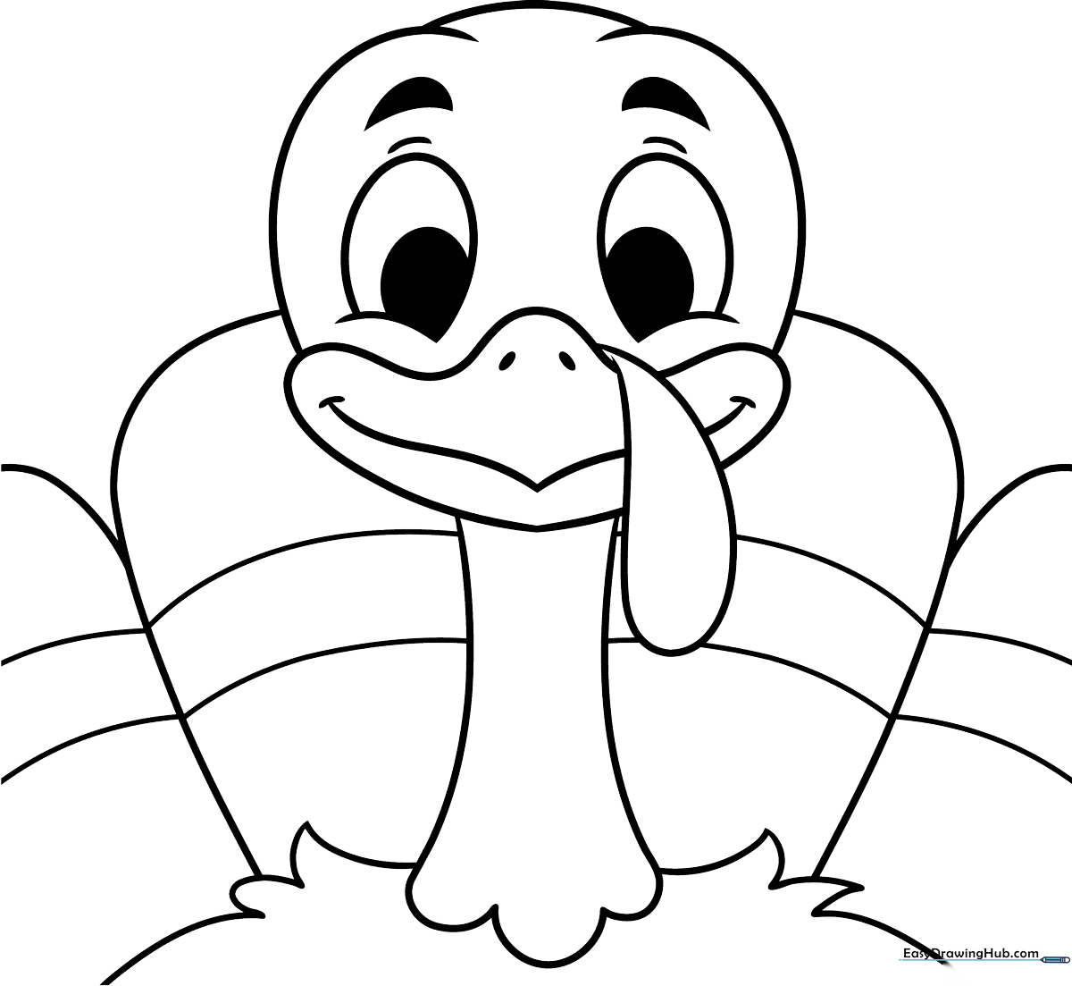 Black and white line art of a friendly turkey face with large eyes and detailed feathers, designed for children to color.