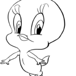 Black and white line art of Tweety Bird featuring large expressive eyes and a small beak, ready for children to color.