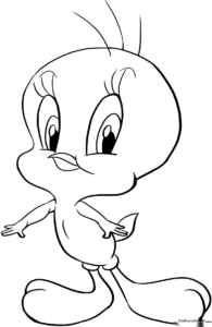 Black and white line art of Tweety Bird featuring large expressive eyes and a small beak, ready for children to color.