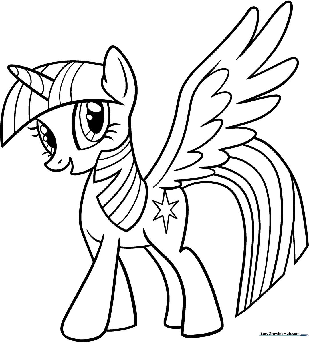 Black and white line art of Twilight Sparkle from My Little Pony, featuring clear outlines for easy coloring by children.