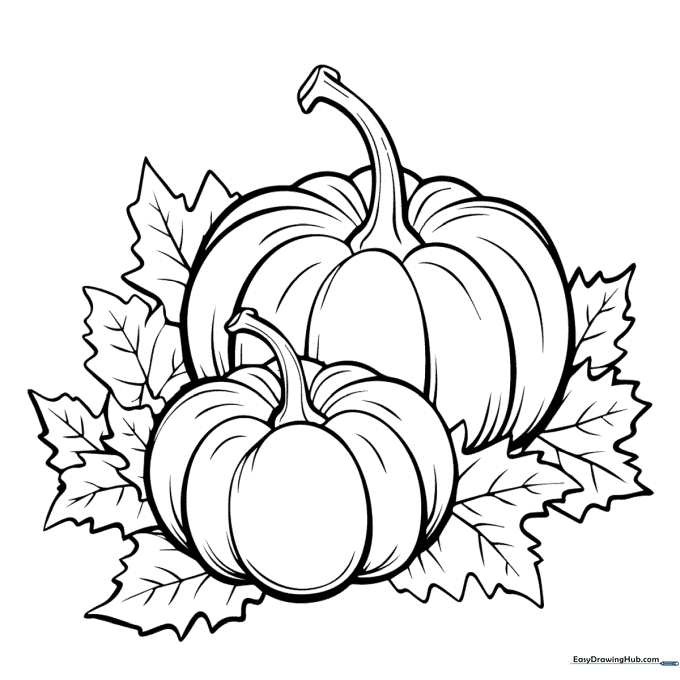 Black and white line art of two round pumpkins with curly vines and large leaves, designed for children to color.