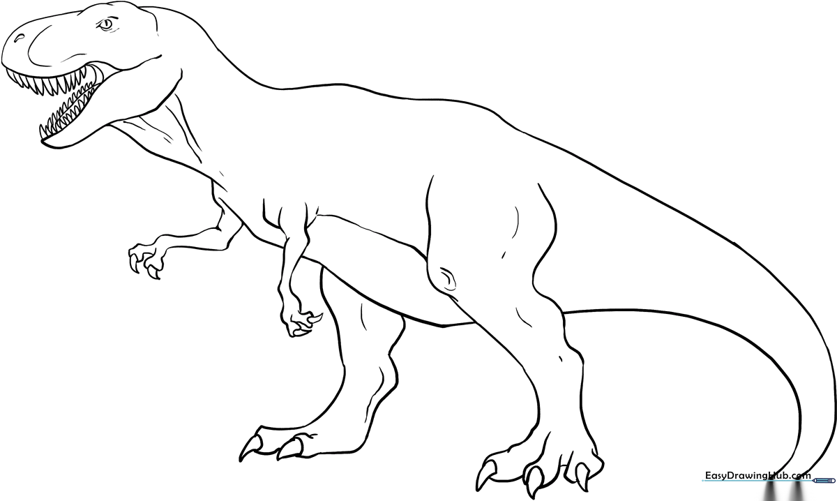 Detailed T-Rex outline featuring sharp teeth and a powerful tail, ready for coloring with markers or crayons in an educational setting.
