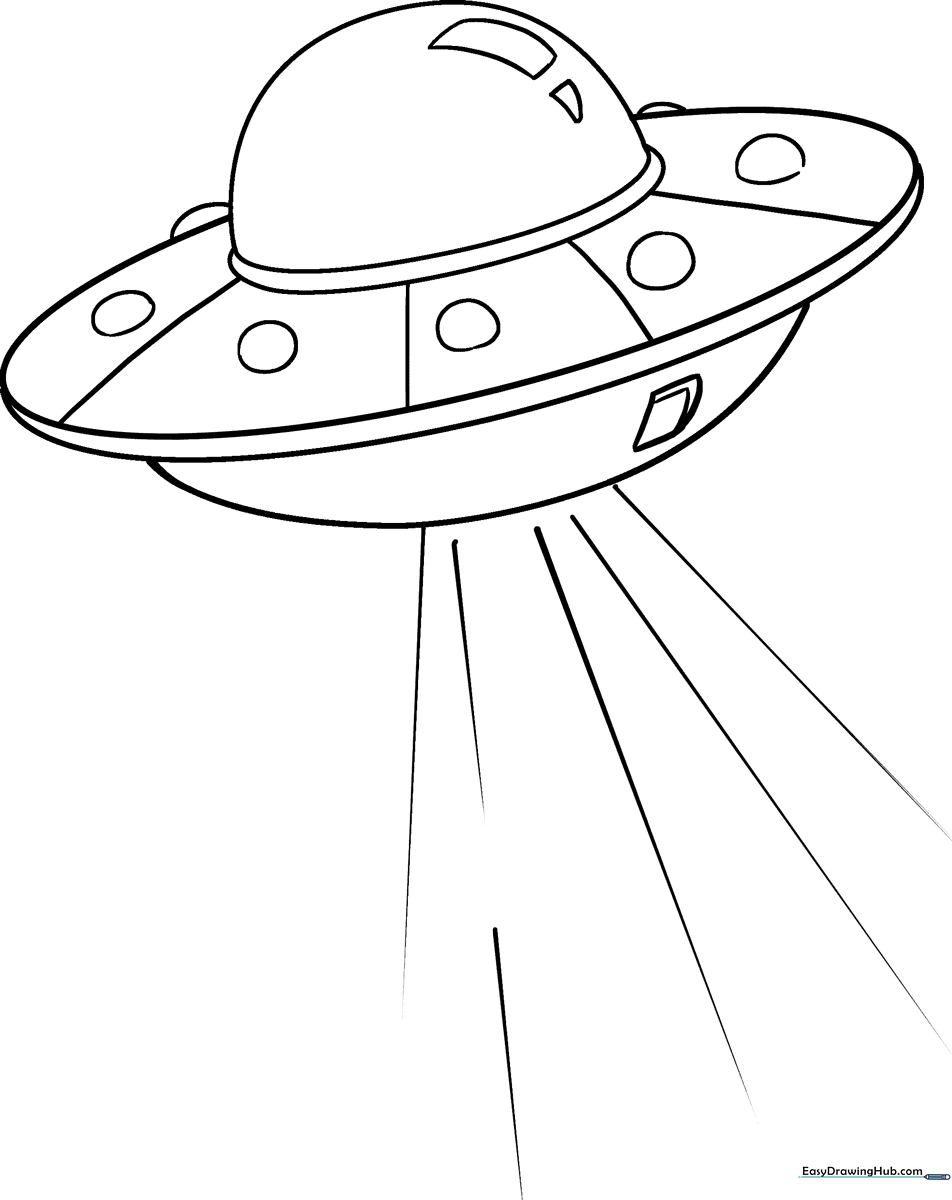 Black and white line art of a classic saucer-shaped UFO with a domed cockpit, ready for children to color.