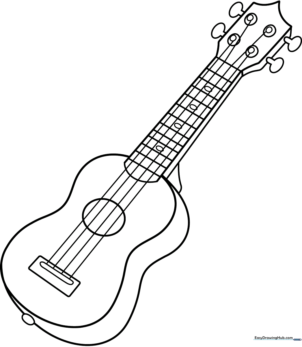 Black and white line art of a ukulele with clear, bold outlines suitable for children to color with markers or crayons.